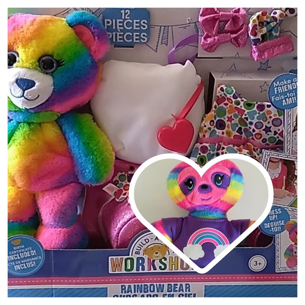 NEW Rare Build A Bear Rainbow Tie Dye Bear Workshop Kit  PLUS Mini Sloth